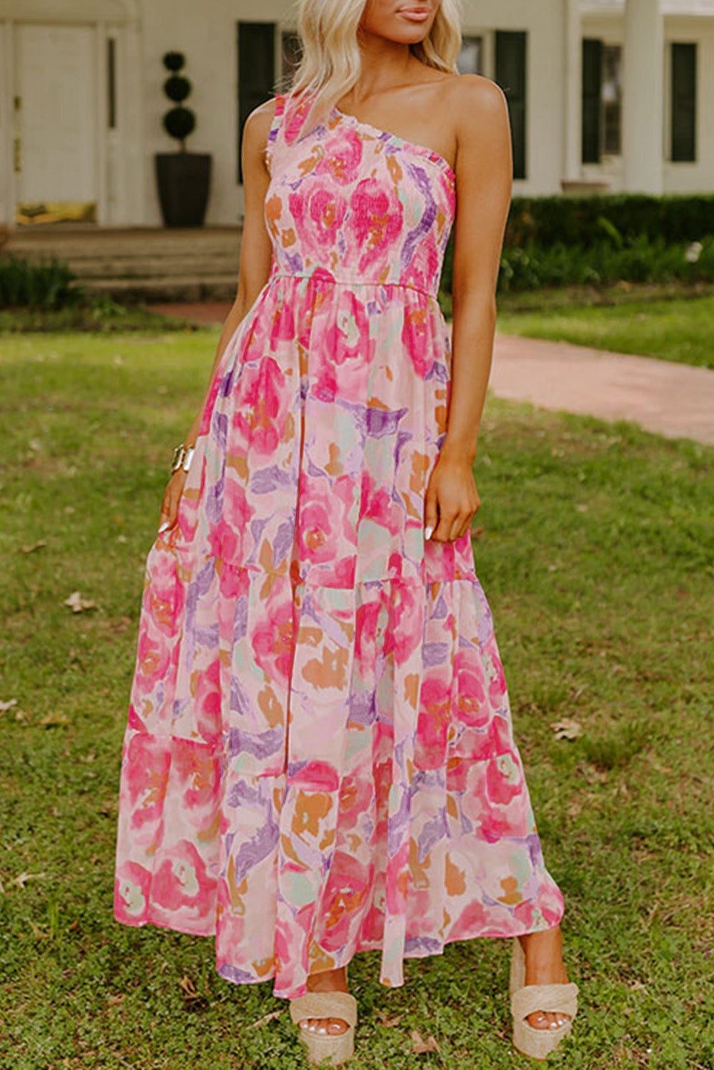One-Shoulder Tiered Flowing Floral Maxi Dress With Flat Sandals One-Shoulder Tiered Flowing Floral Maxi Dress With Flat Sandals — Trendy Floral Dress