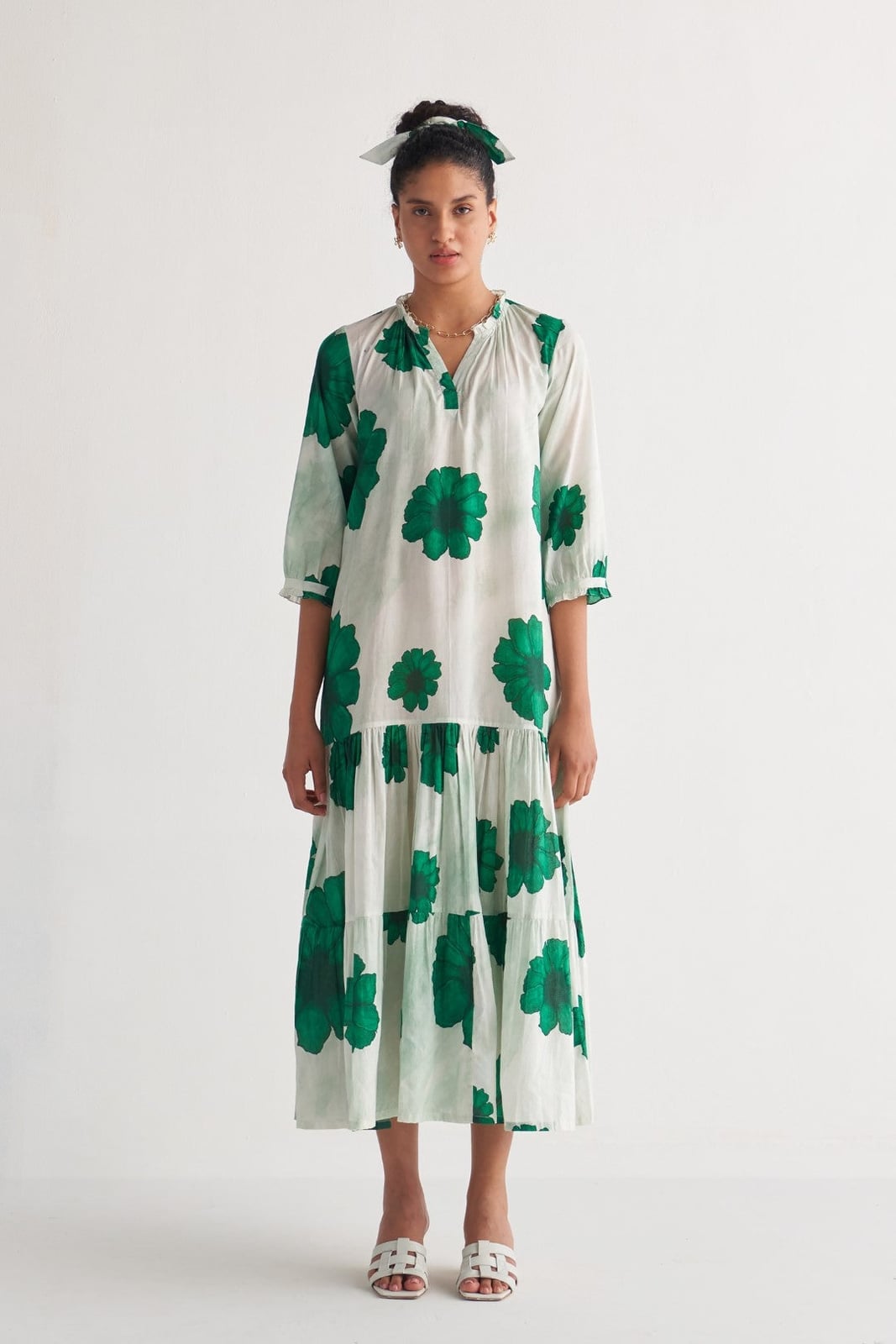 Tiered Hem Green Floral Midi Dress Tiered Hem Green Floral Midi Dress — Trendy Floral Dress