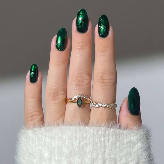 Deep Green Glitter Medium Almond Nails — Trendy Forest Green Nails