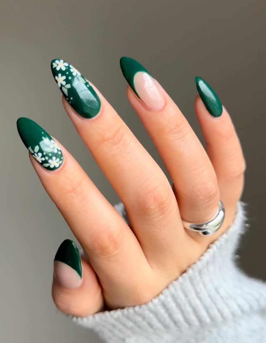 Forest Green Almond Nails With White Flowers — Trendy Forest Green Nails