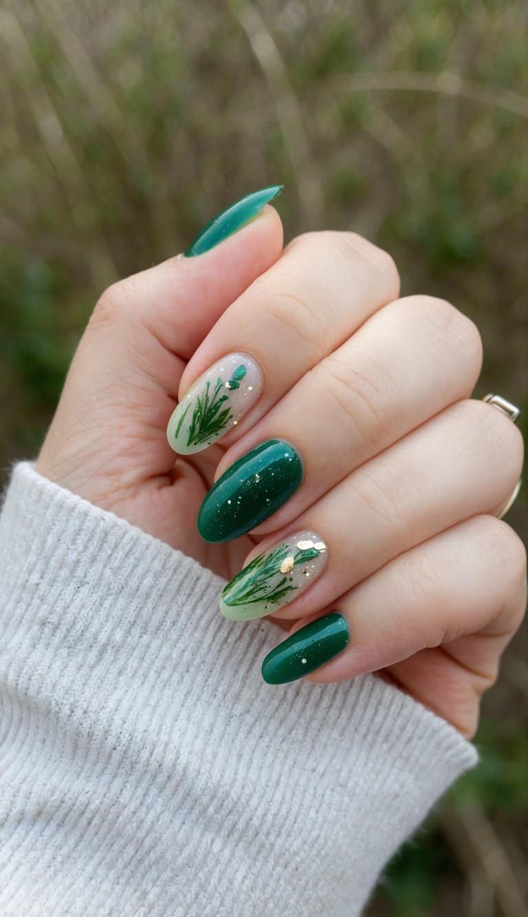 Short Almond Forest Green With Leaf Motifs — Trendy Forest Green Nails