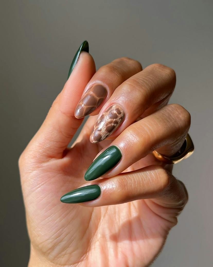 Forest Green Almond Nails With Animal Print Accent — Trendy Forest Green Nails