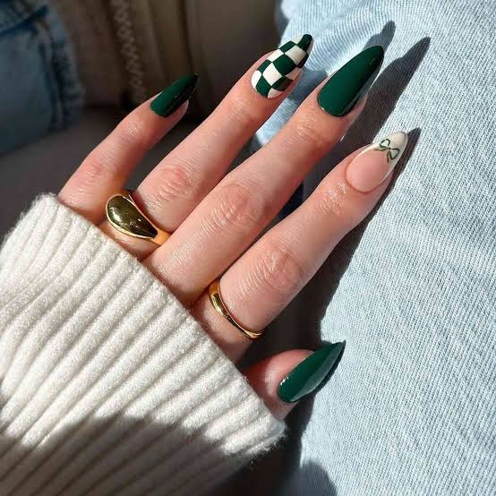 Forest Green Almond Nails With Checkerboard — Trendy Forest Green Nails