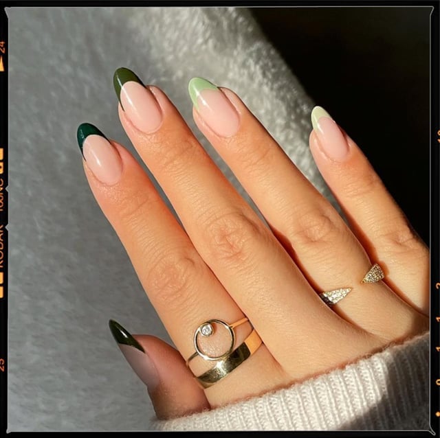 Medium Almond Two-Toned Green French Tips — Trendy Forest Green Nails
