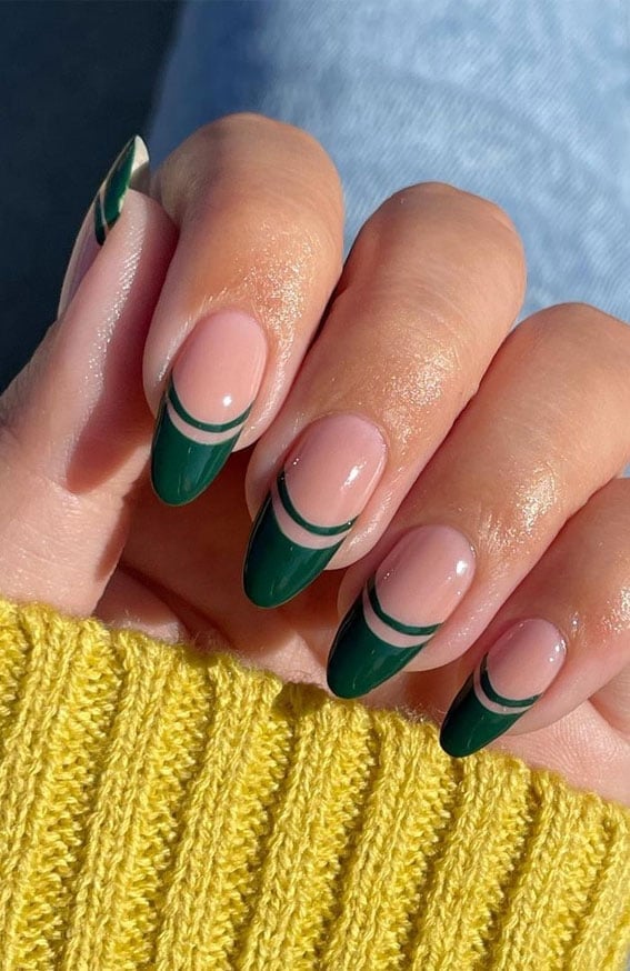 Medium Almond Double Forest Green French Tips, Office-Safe Version — Trendy Forest Green Nails