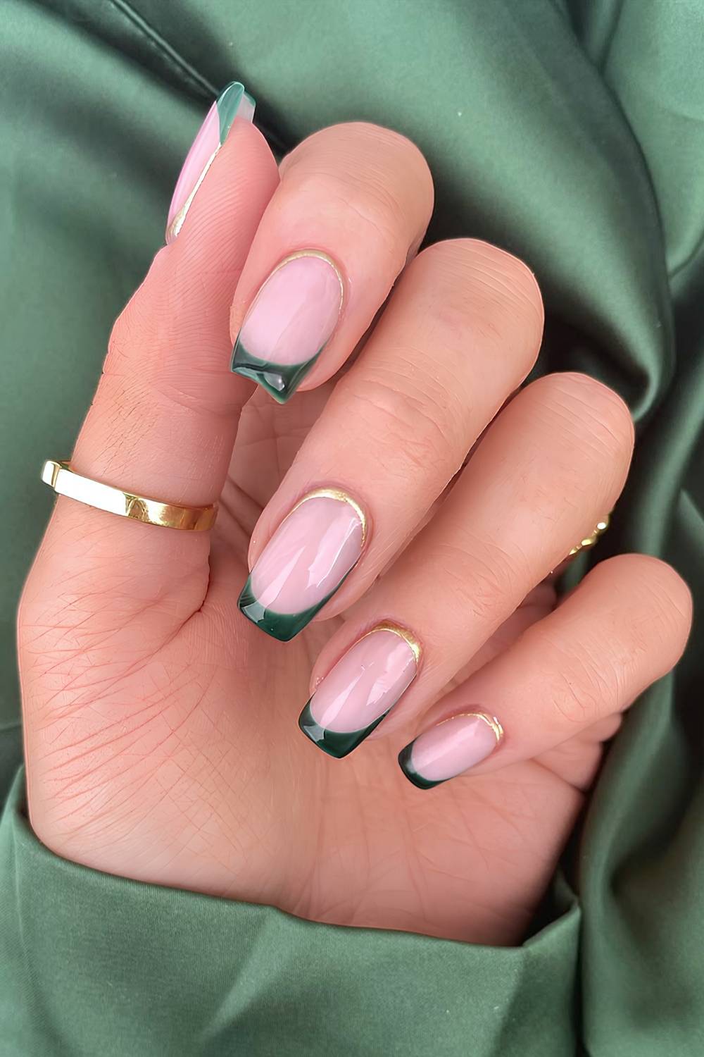 Soft Square Green French Tips With Gold Outline — Trendy Forest Green Nails