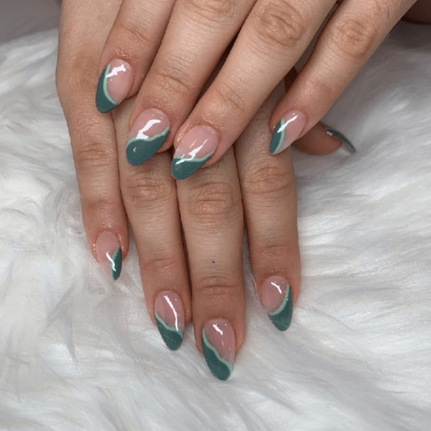 Medium Almond Abstract Forest Green French Tips, Glossy — Trendy Forest Green Nails