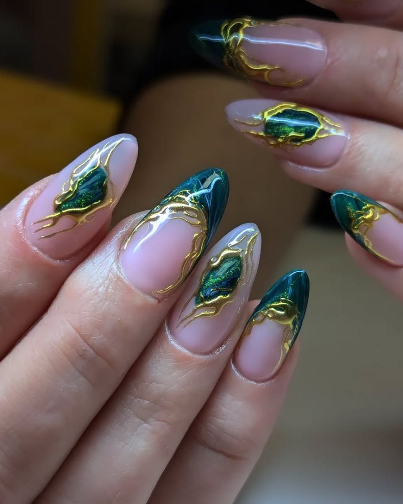 Long Stiletto Emerald Green With 3D Gold Accents — Trendy Forest Green Nails
