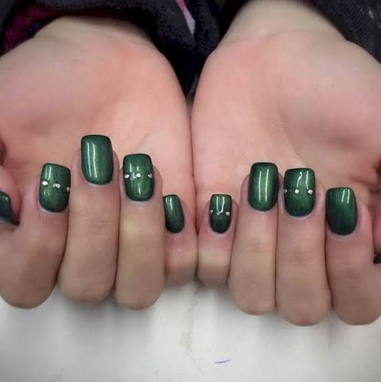 Medium Square Forest Green With Abstract French — Trendy Forest Green Nails