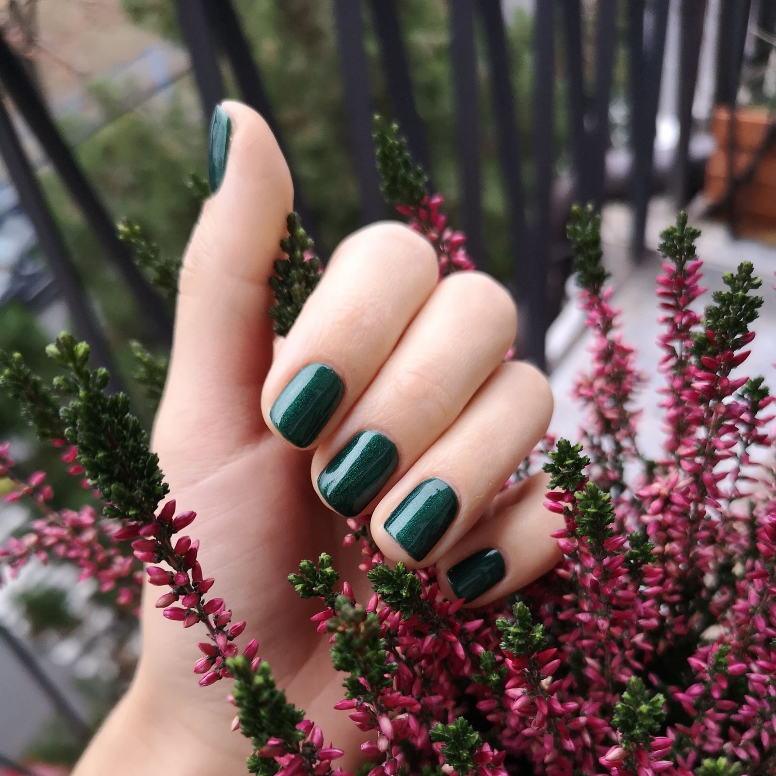 Shimmering Dark Forest Green Short Square Nails — Trendy Forest Green Nails