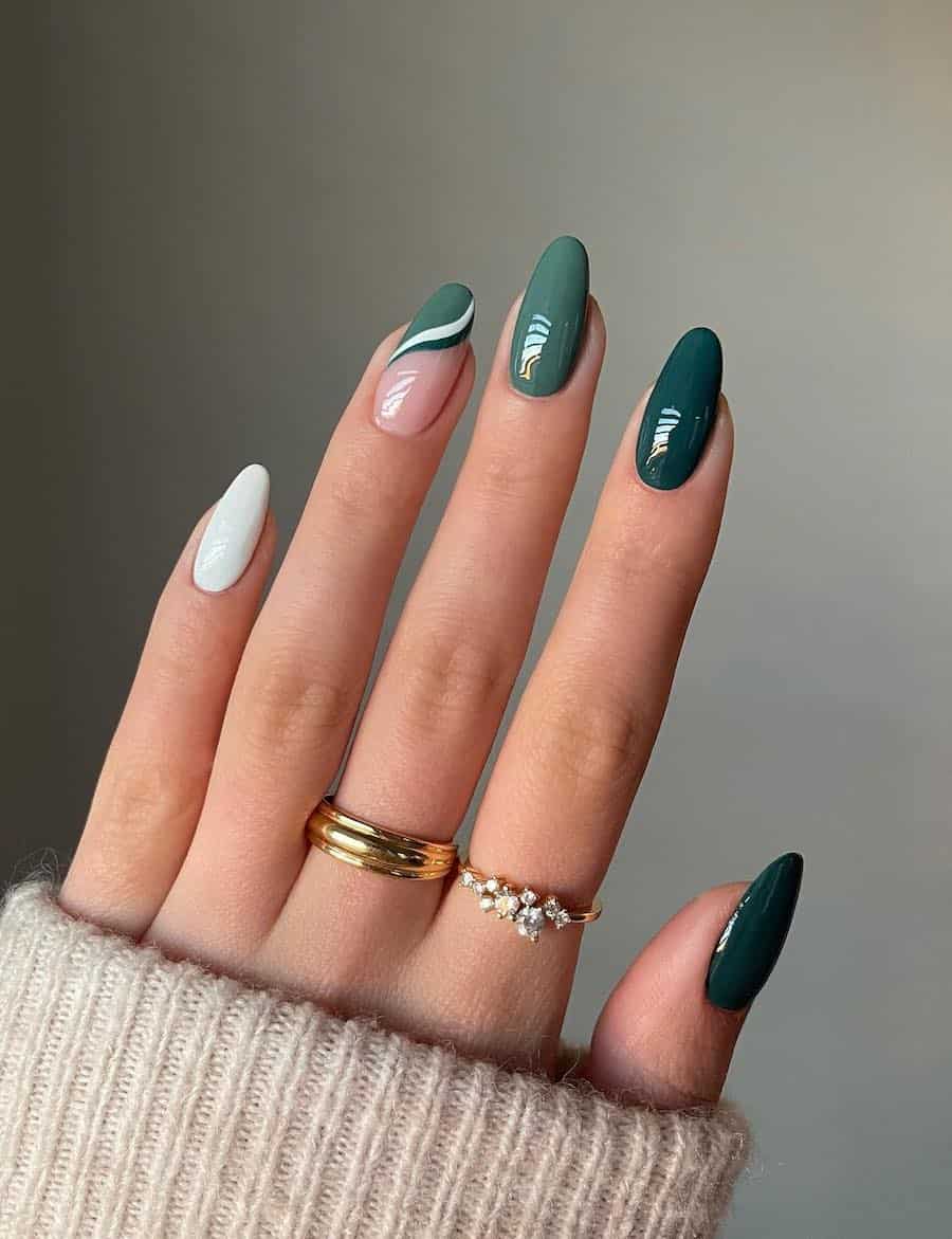 Glossy Forest Green Square Nails With White Dots — Trendy Forest Green Nails