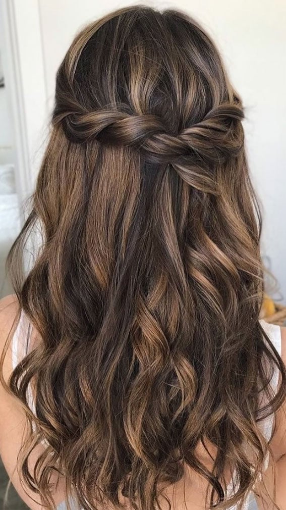 Long Dark Brown Half Up With Braid — Trendy Formal Hair