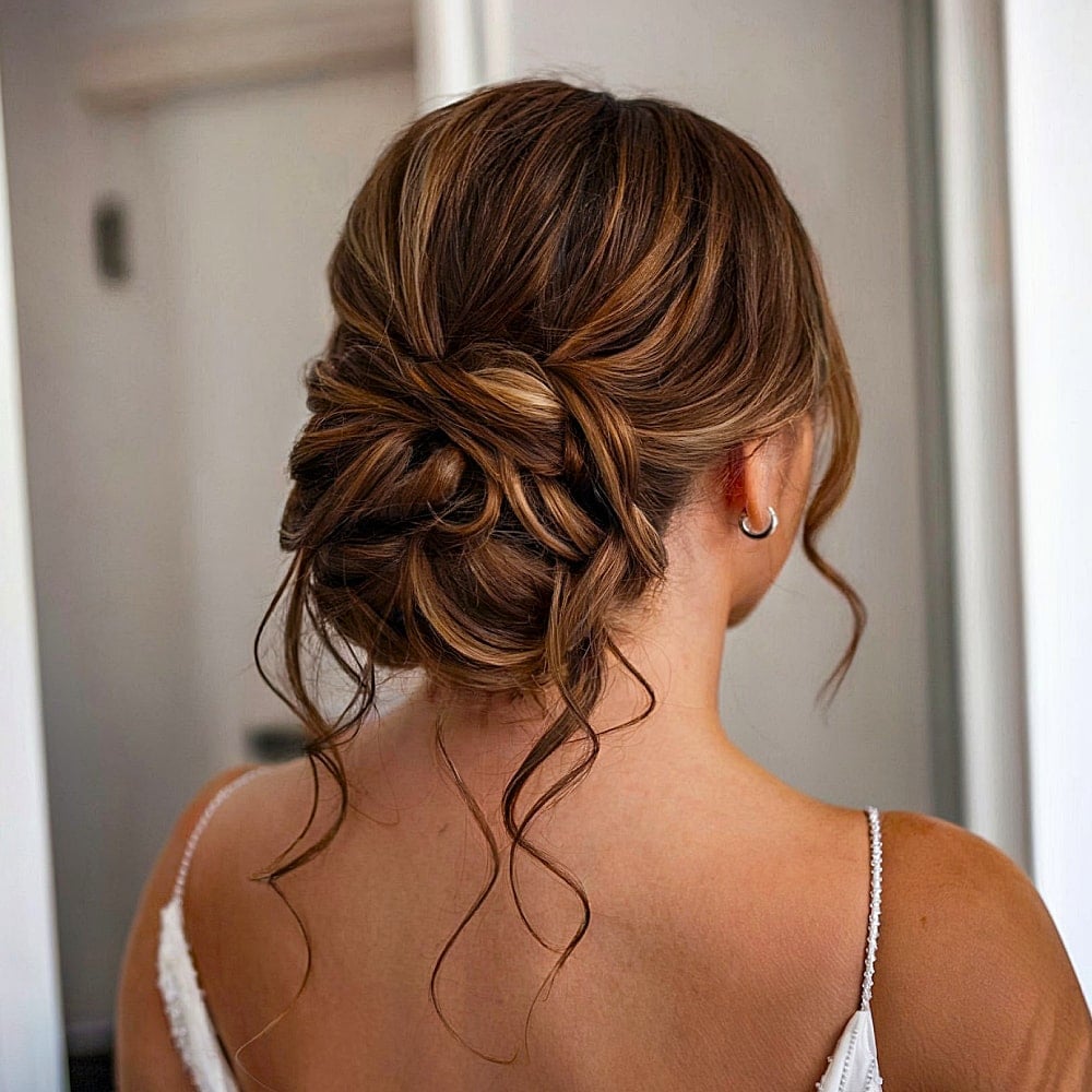 Brunette Updo With Textured Low Bun — Trendy Formal Hair