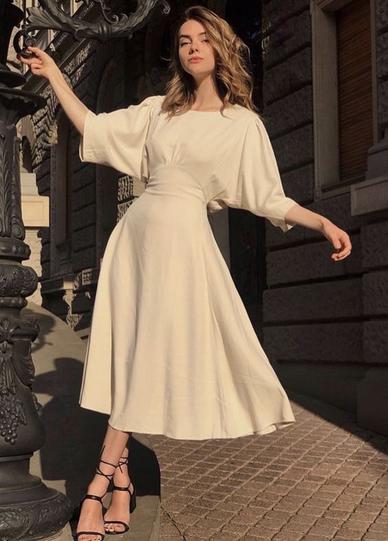 Cream Midi Dress Puff Sleeves — Trendy French Outfits