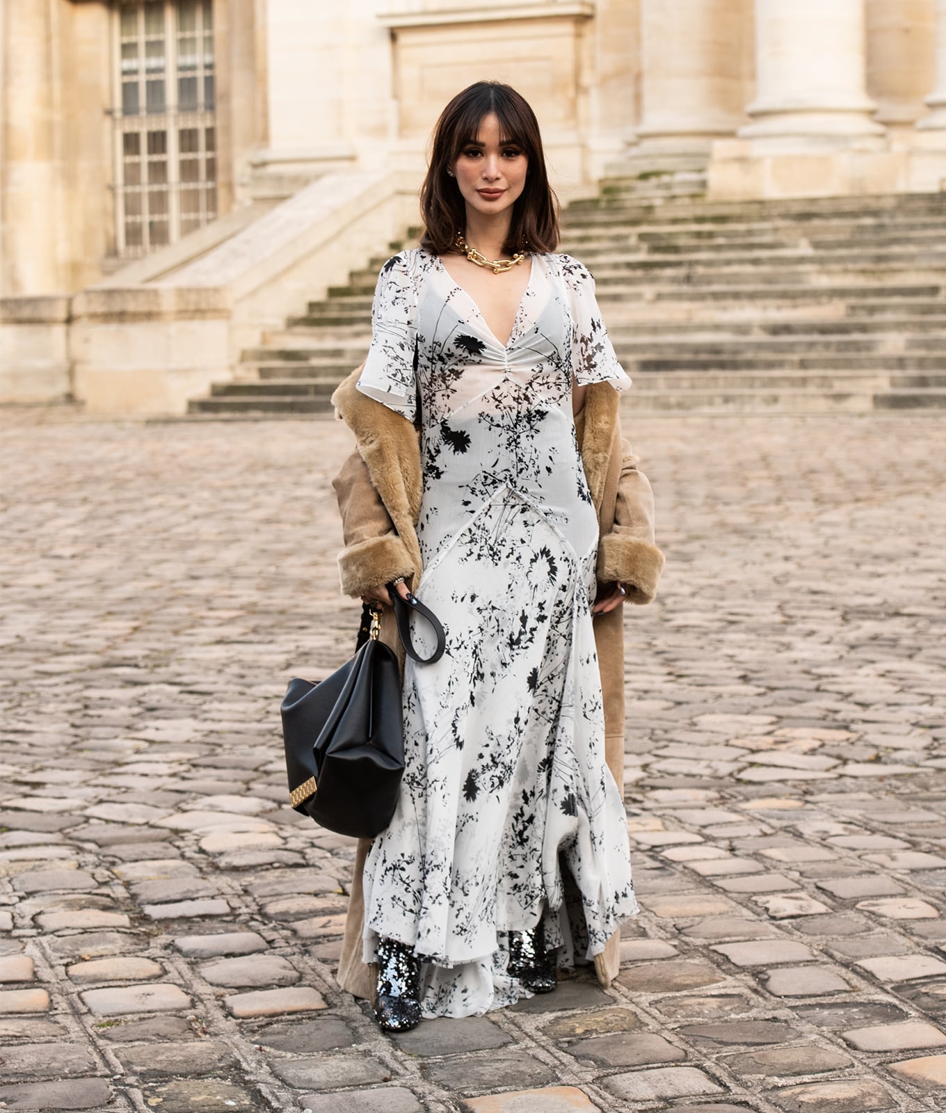 Floral Maxi Dress Beige Coat — Trendy French Outfits