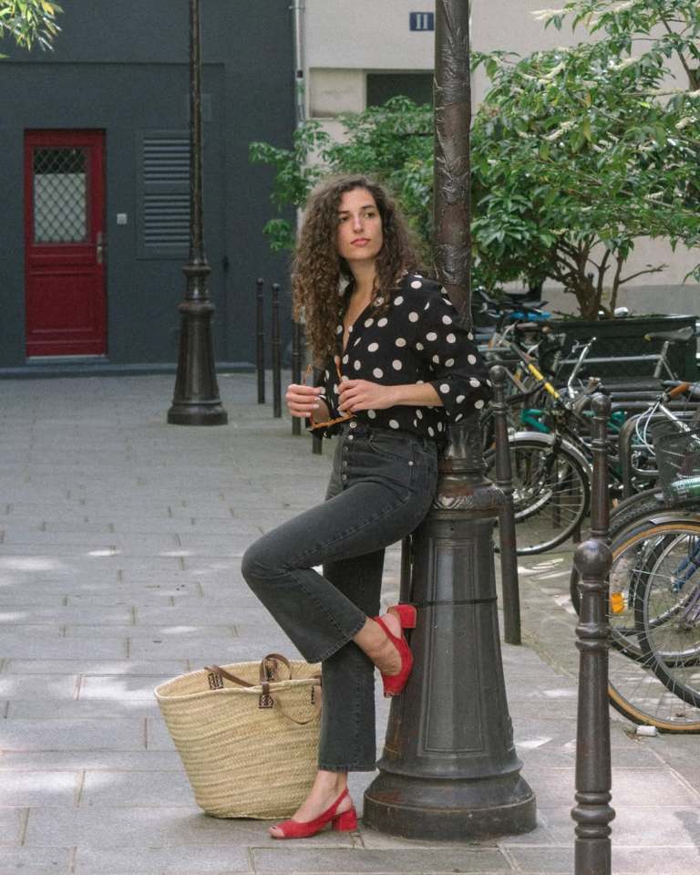 Polka Dot Blouse Grey Jeans — Trendy French Outfits