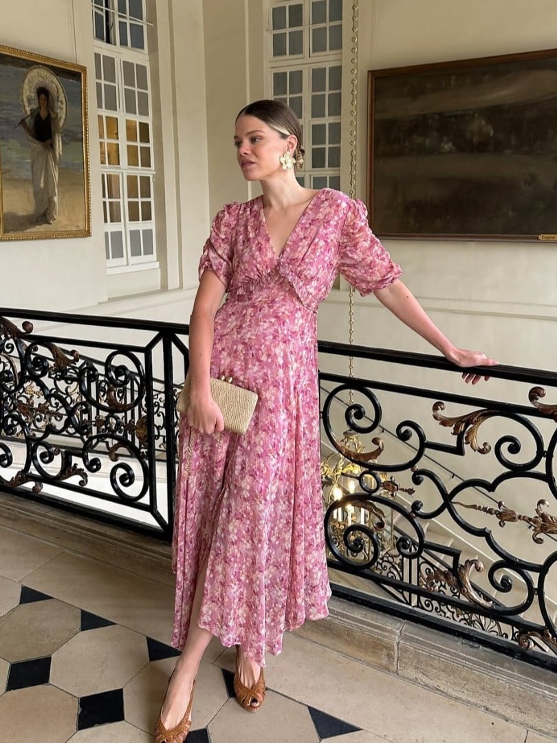 Pink Floral Print Midi Dress — Trendy French Style