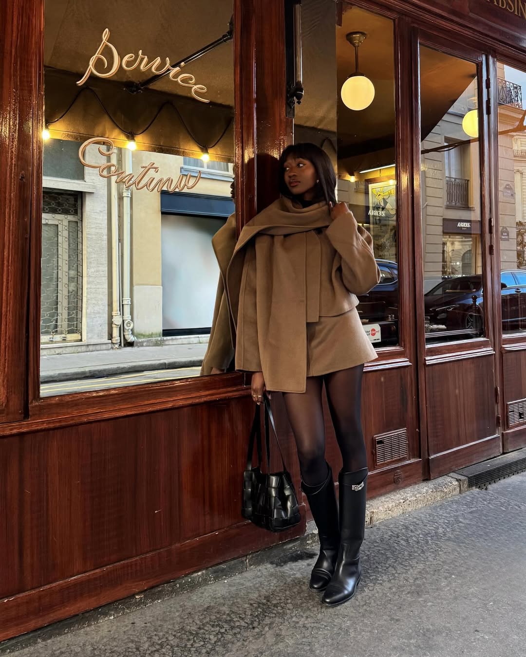 Camel Wool Blend Coat Set With Black Boots — Trendy French Style