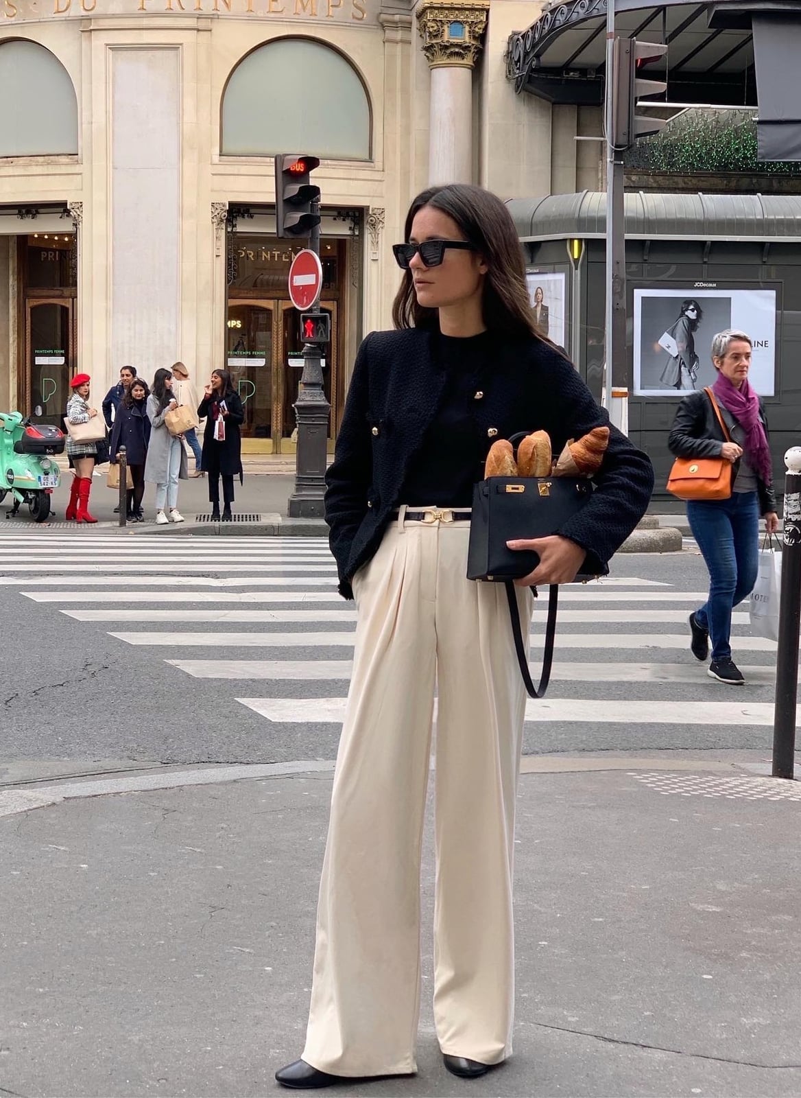 Black Tweed Jacket Cream Wide Leg Trousers — Trendy French Style
