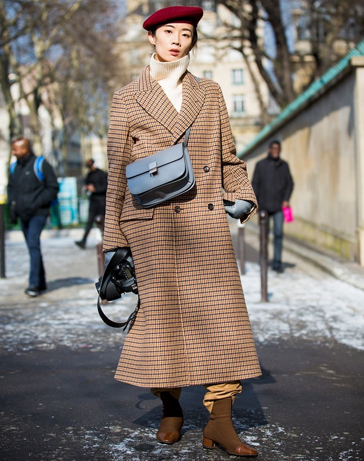 Plaid Long Coat With Cream Turtleneck — Trendy French Style