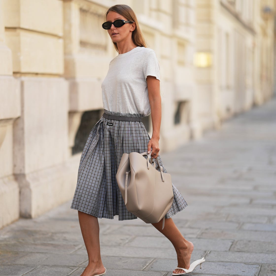 Plaid Midi Skirt With Grey T-shirt — Trendy French Style