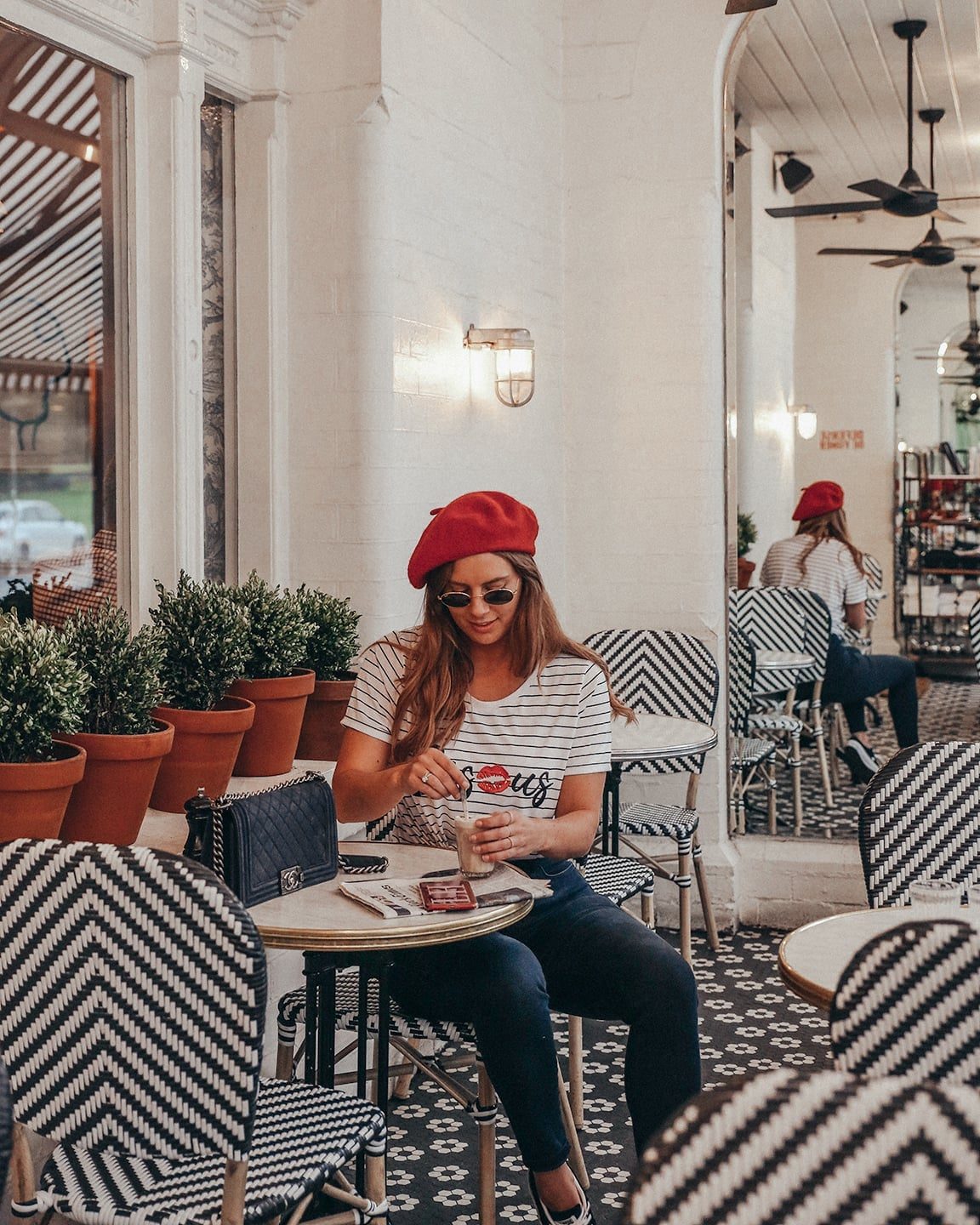 Striped T-shirt With Dark Wash Jeans And Red Beret — Trendy French Style