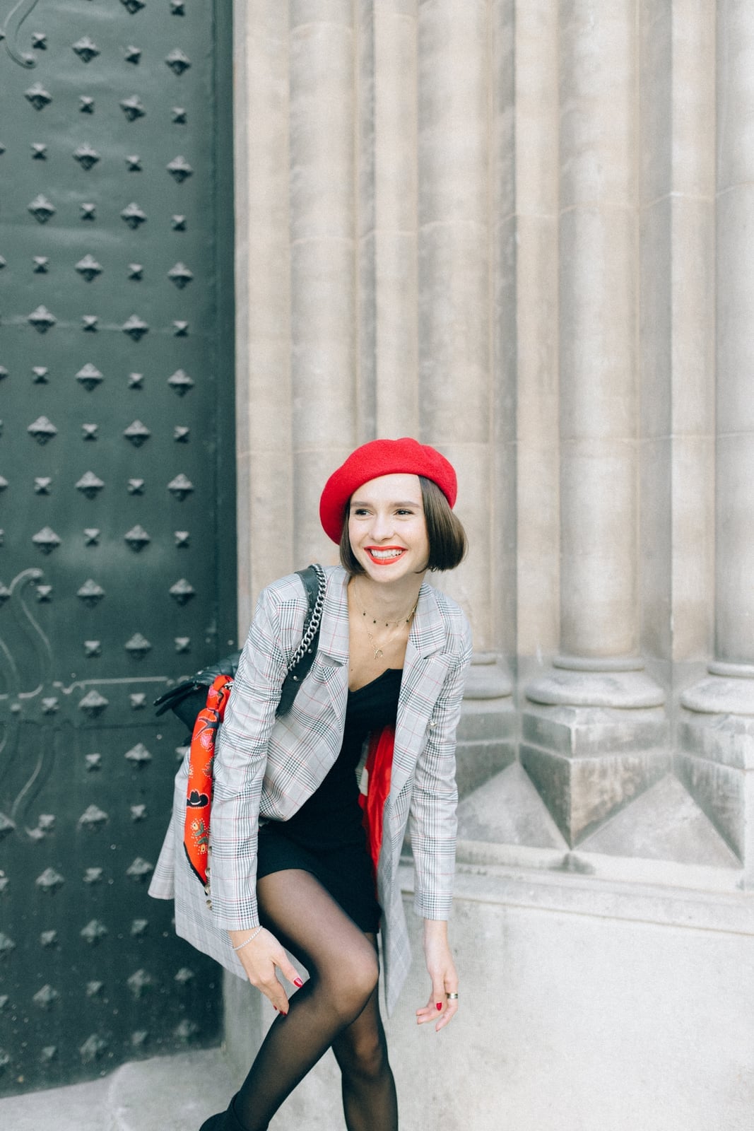 Plaid Blazer Over Black Dress With Red Beret — Trendy French Style