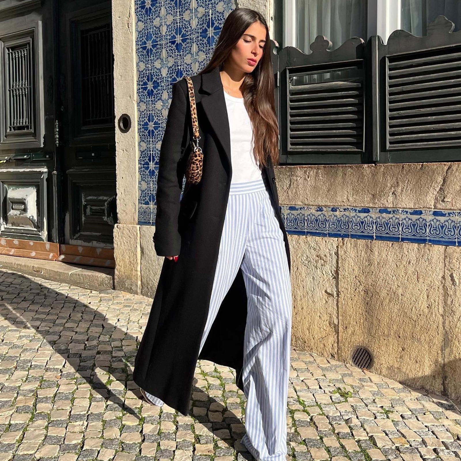 Black Maxi Coat With Striped Trousers — Trendy French Style