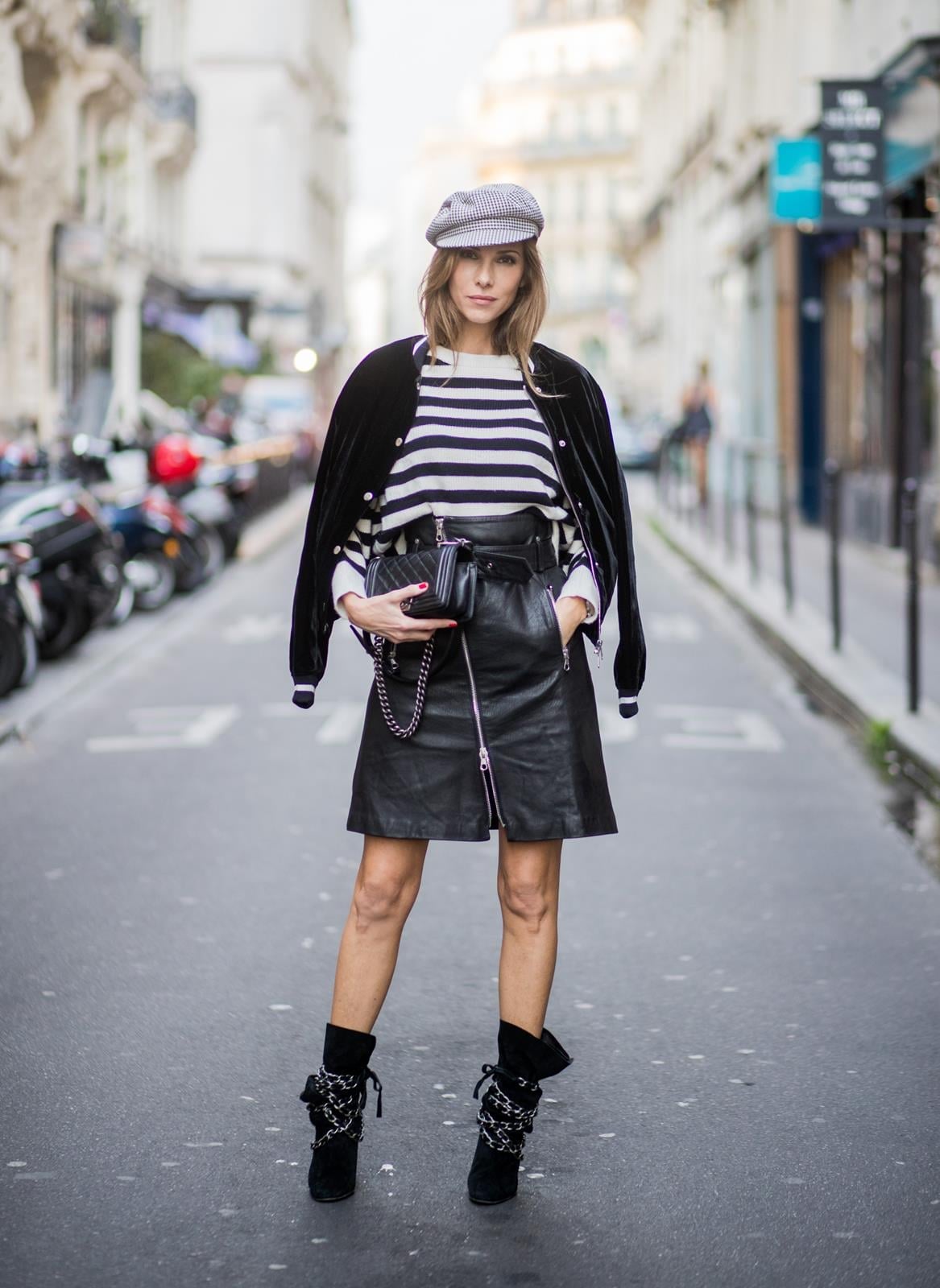 Velvet Bomber Jacket With Leather Mini Skirt — Trendy French Style