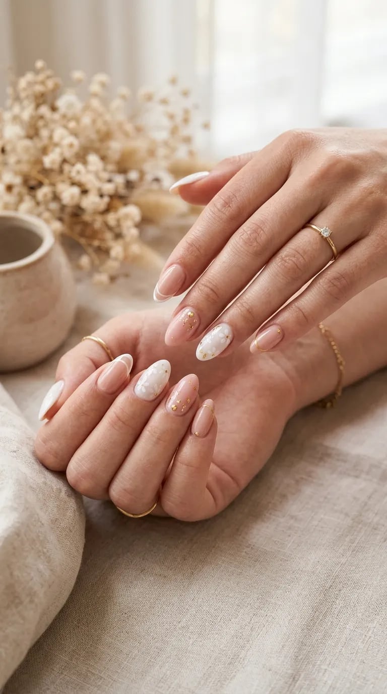 Nude Floral French Accent Short Almond Nails Nude Floral French Accent Short Almond Nails — Trendy Gel Nails Polish