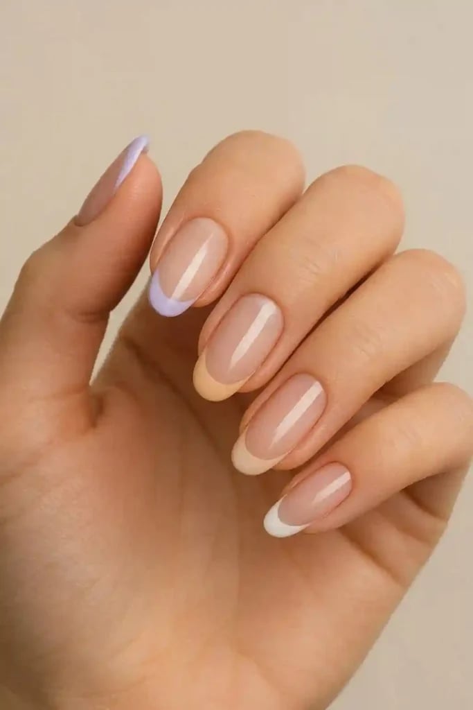 Pastel French Tips Medium Oval Nails Pastel French Tips Medium Oval Nails — Trendy Gel Nails Polish