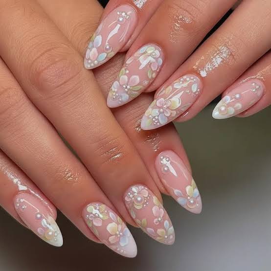 3D Floral Pearl Embellished Long Almond Nails 3D Floral Pearl Embellished Long Almond Nails — Trendy Gel Nails Polish