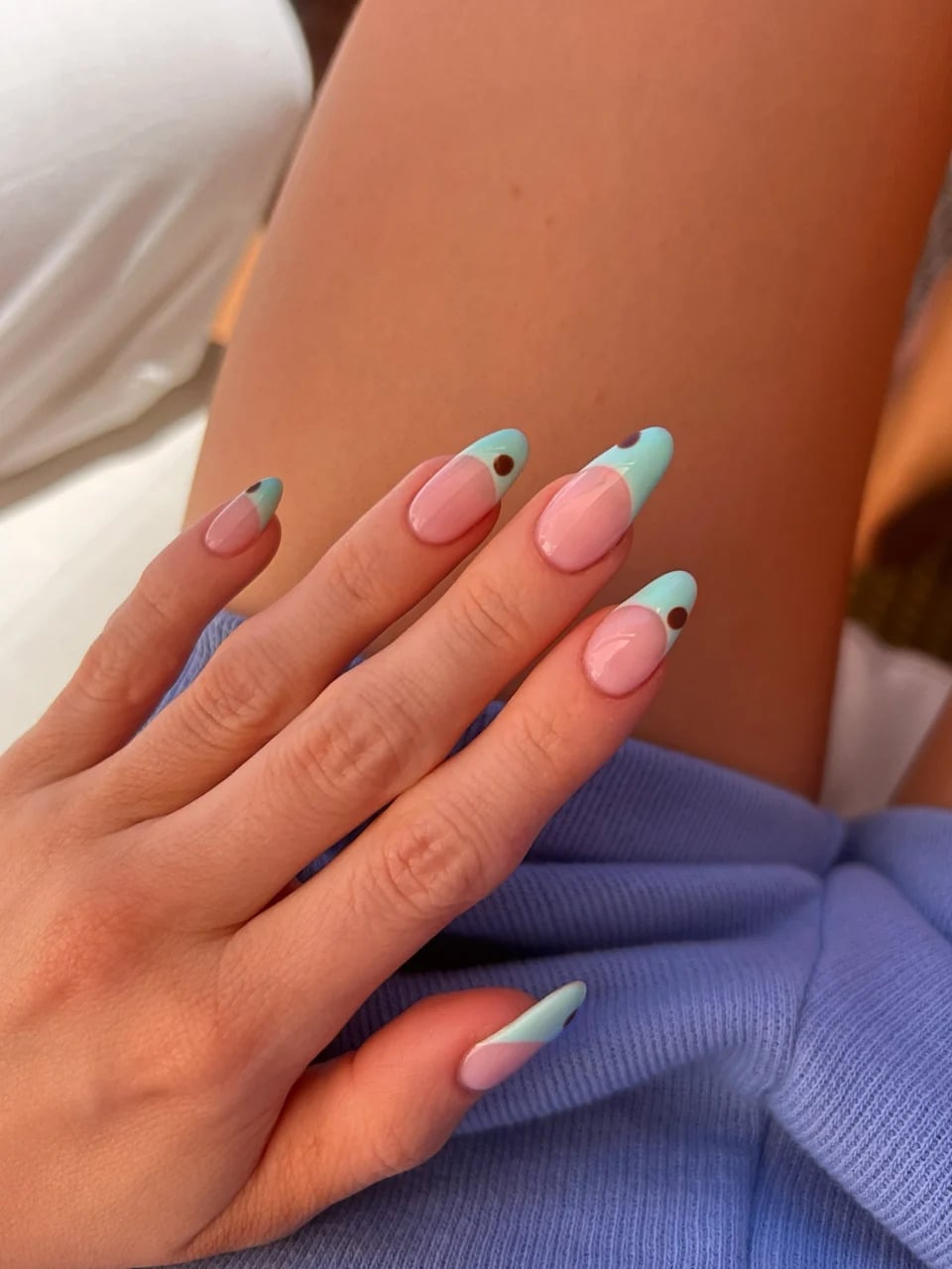 Mint Green Dot Modern French Long Almond Nails Mint Green Dot Modern French Long Almond Nails — Trendy Gel Nails Polish