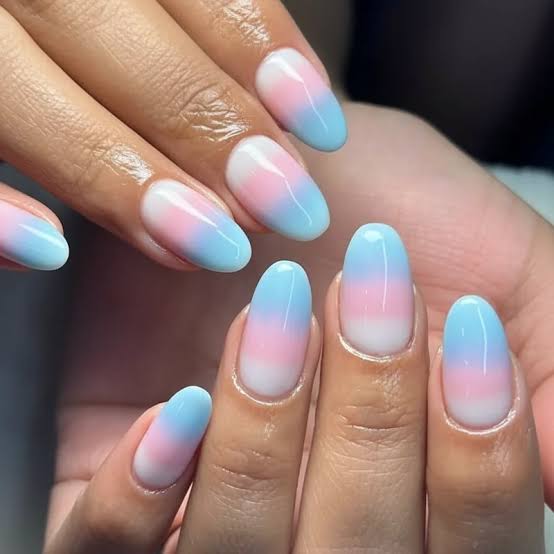 Pink to Blue Ombre Medium Oval Nails Pink to Blue Ombre Medium Oval Nails — Trendy Gender Reveal Nails