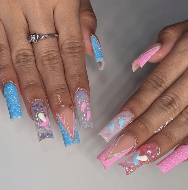 Long Sculpted Glitter with Baby Motifs Long Sculpted Glitter with Baby Motifs — Trendy Gender Reveal Nails