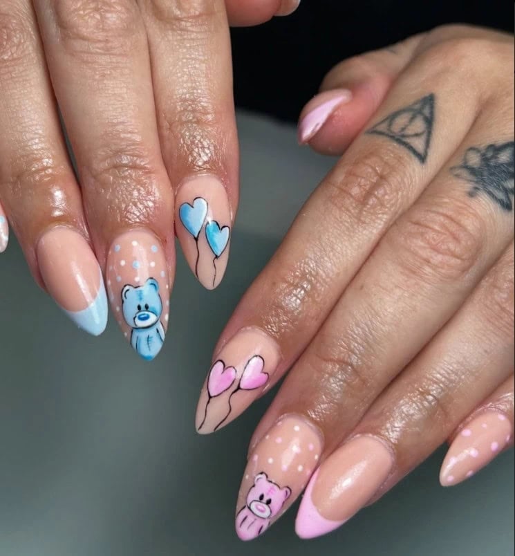 Almond French Tips with Teddy Bear Art Almond French Tips with Teddy Bear Art — Trendy Gender Reveal Nails