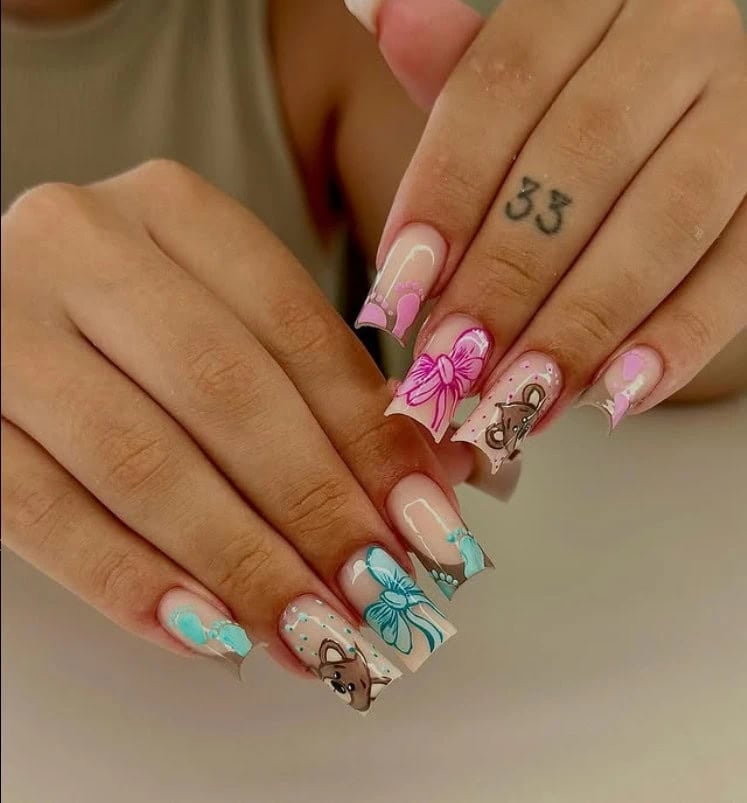 Long Square with Teddy Bears and Bows Long Square with Teddy Bears and Bows — Trendy Gender Reveal Nails