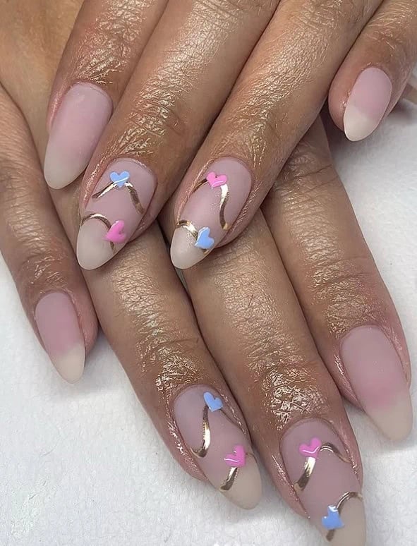 Sheer Nude with Gold Swirls and Hearts Sheer Nude with Gold Swirls and Hearts — Trendy Gender Reveal Nails