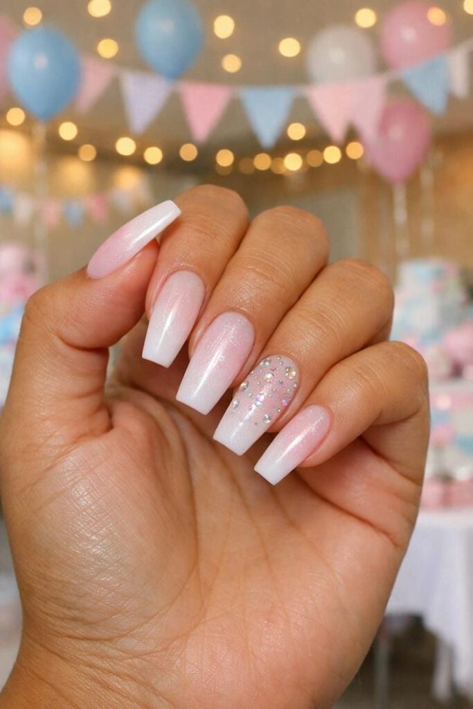 Medium Coffin Ombre with Rhinestone Accent Medium Coffin Ombre with Rhinestone Accent — Trendy Gender Reveal Nails