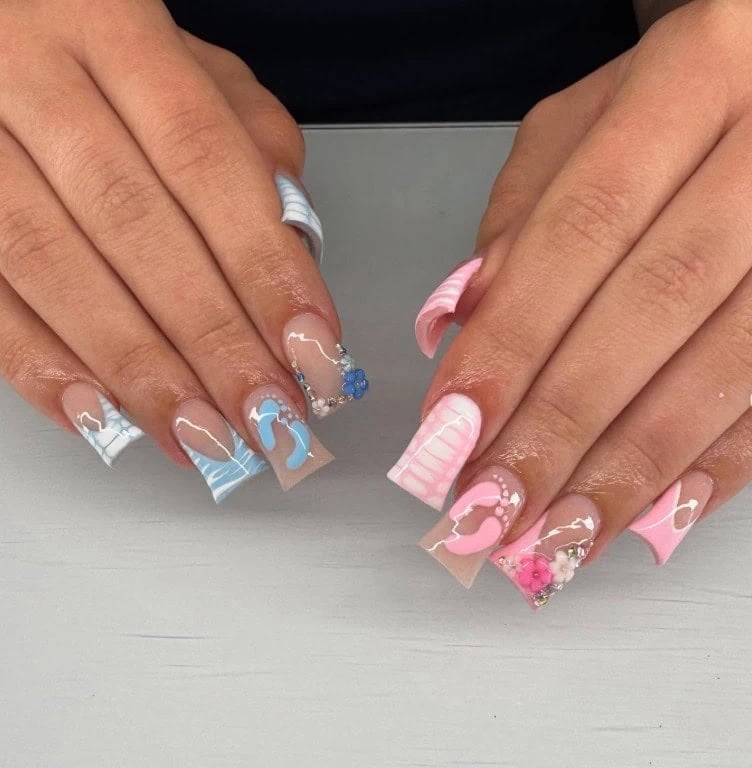 Long Square French Tips with Footprints and Flowers Long Square French Tips with Footprints and Flowers — Trendy Gender Reveal Nails