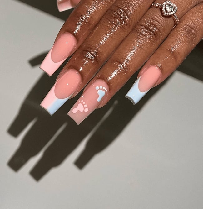 Long Square French with Clear Footprint Art Long Square French with Clear Footprint Art — Trendy Gender Reveal Nails