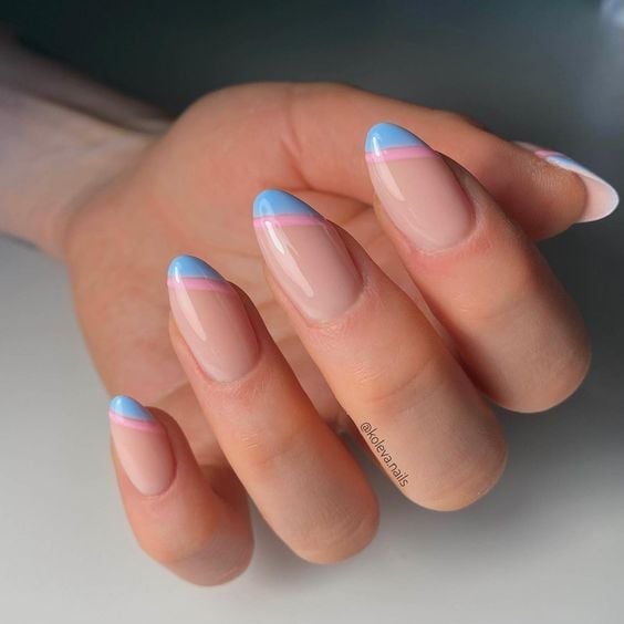 Pastel Color Block French Tips Almond Nails Pastel Color Block French Tips Almond Nails — Trendy Gender Reveal Nails