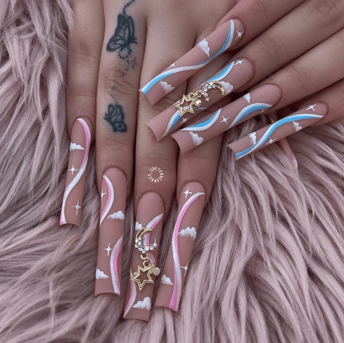 Matte Nude with Airbrushed Pastel Clouds, Close-Up Take Matte Nude with Airbrushed Pastel Clouds, Close-Up Take — Trendy Gender Reveal Nails
