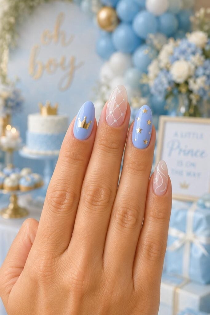 Pastel Blue with Gold Stars and Grid Pastel Blue with Gold Stars and Grid — Trendy Gender Reveal Nails
