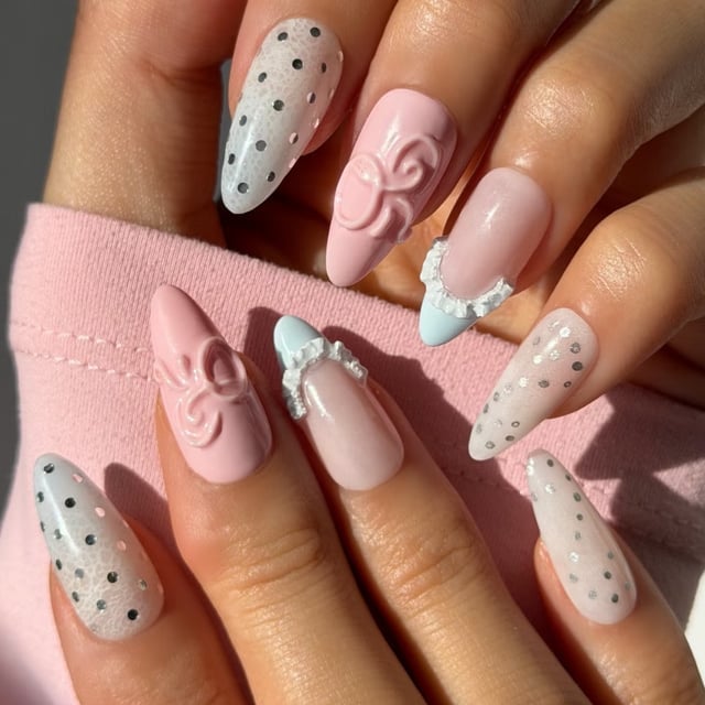 Pink with 3D Bows and White Polka Dots Pink with 3D Bows and White Polka Dots — Trendy Gender Reveal Nails