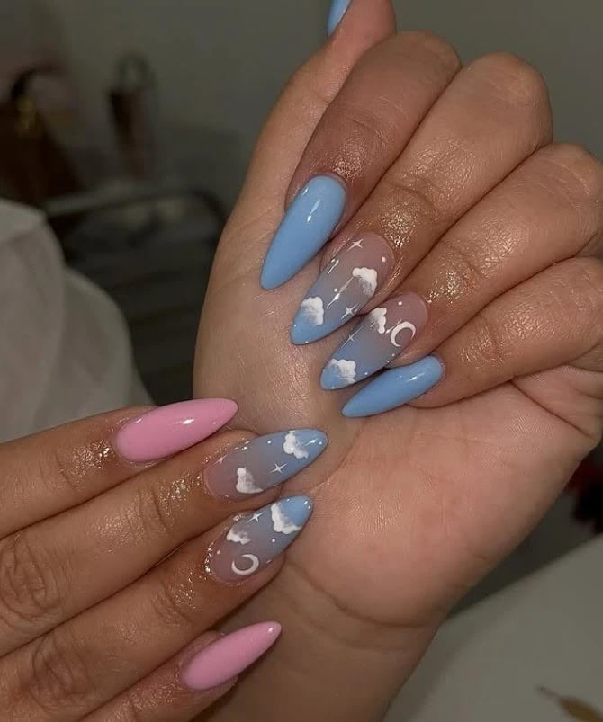 Celestial Theme Long Stiletto Nails Celestial Theme Long Stiletto Nails — Trendy Gender Reveal Nails