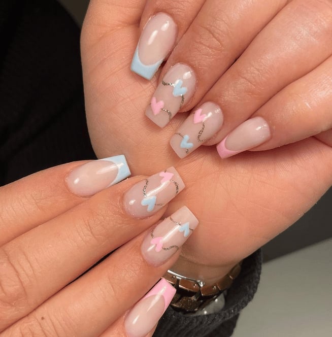 Sheer Pink and Blue Hearts with Silver Lines Sheer Pink and Blue Hearts with Silver Lines — Trendy Gender Reveal Nails
