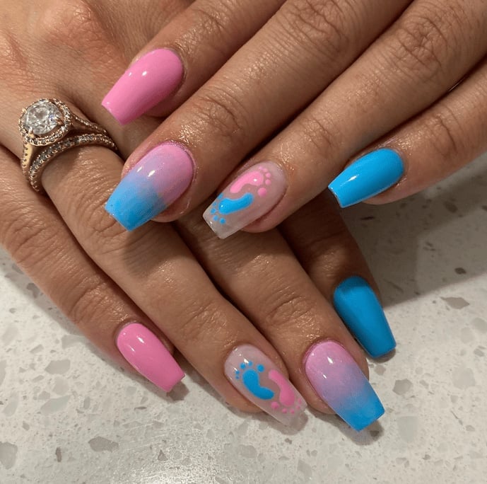 Long Coffin Gradient with Baby Footprints Long Coffin Gradient with Baby Footprints — Trendy Gender Reveal Nails