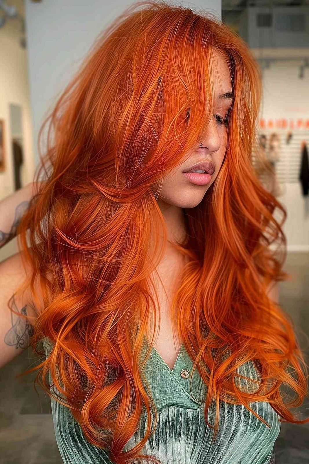 Intense Orange With Curtain Bangs Intense Orange With Curtain Bangs — Trendy Ginger Hair Color