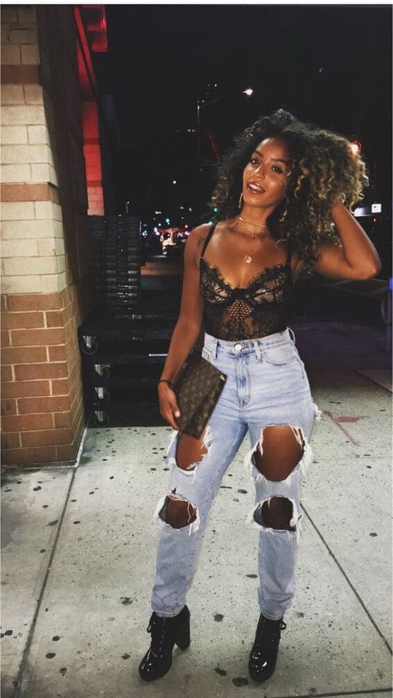 Black Lace Bodysuit With Ripped Jeans Black Lace Bodysuit With Ripped Jeans — Trendy Going Out Outfits Night Club